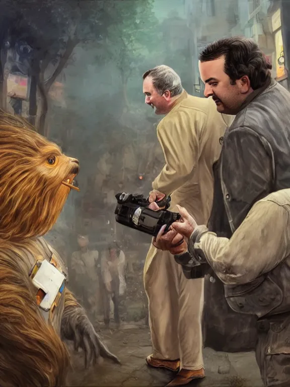 Image similar to rich evans and mike stoklasa save george lucas from a crackhead wookie in 1 9 3 0 s paris, hyperrealistic, 4 k, ultra detailed, intricate detail, octane render, photorealistic.