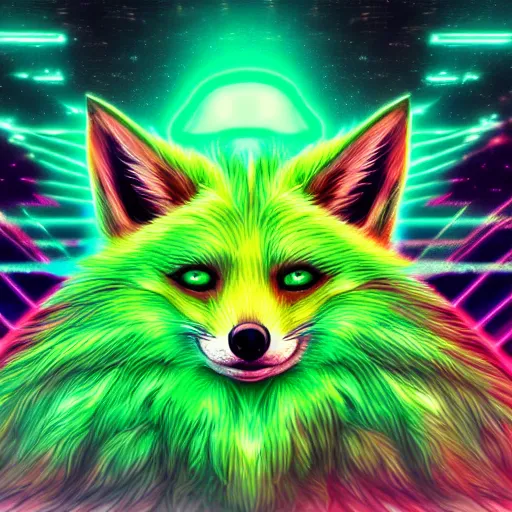 Prompt: digital green fox, retrowave palette, digital world, highly detailed, electric breeze, anatomically correct green vulpine, synth feel, fluffy face, ear floof, flowing fur, super realism, accurate animal imagery, 4 k digital art