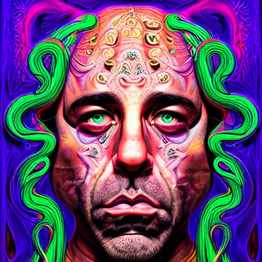 Image similar to an extremely psychedelic portrait of joe rogan as medusa, surreal, lsd, face, detailed, intricate, elegant, lithe, highly detailed, digital painting, artstation, concept art, smooth, sharp focus, illustration