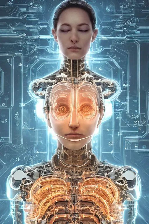 Prompt: Meditating cyborg with many cybernetic implants and wiring, lotus pose, techno-optimism, utopia, sci-fi, hyperrealist, centered, wide angle shot, shart focus, detailed, intricate, 4k UHD, creative lighting, digital painting by Greg Rutkowski, face by artgerm, digital art, trending on artstation, top post of all time on /r/transhumanism subreddit