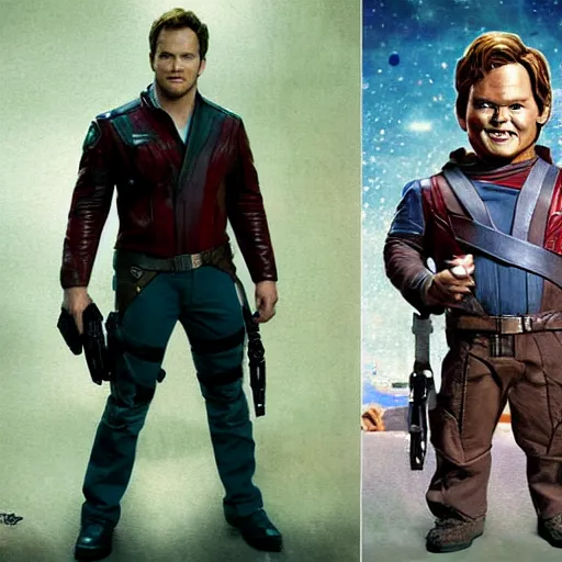 Image similar to the actor chris pratt as star lord posing together with the doll chucky from the movie child's play, inside a starship, oil painting, by greg rutkowski