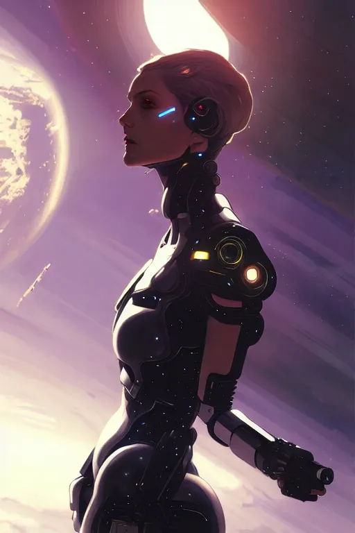 Image similar to sensual beautiful female cyborg wearing deus ex human revolution clothing in a space station above earth, portrait, elegant, intricate, digital painting, artstation, concept art, smooth, sharp focus, illustration, art by artgerm and greg rutkowski and alphonse mucha