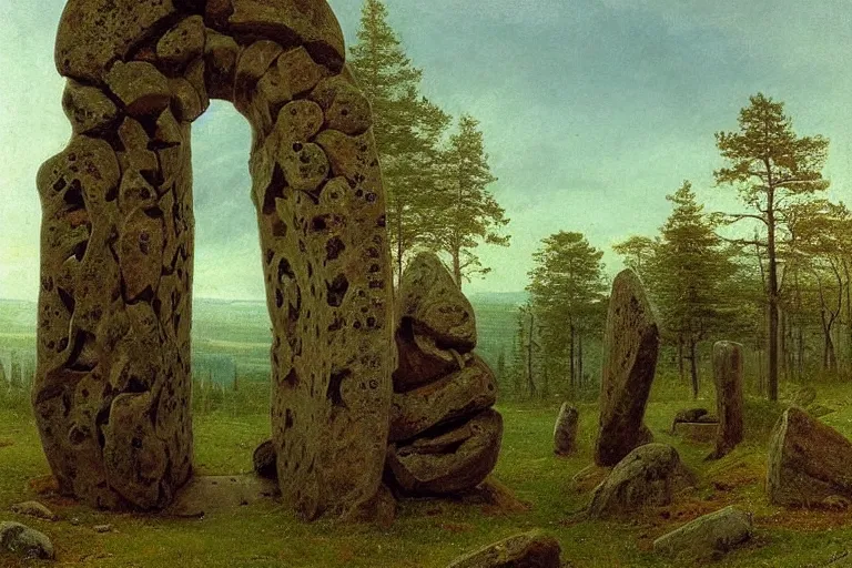 Image similar to runestone, runic inscription, ancient writing, megalithic, monument, nature, trees, focused, centered, very detailed, norse, history, oil painting, Albert Bierstadt, Theodor Kittelsen, Hermann Hendrich