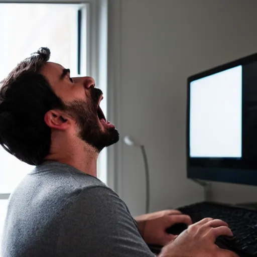 Image similar to A man yelling at his computer, XF IQ4, 150MP, 50mm, F1.4, ISO 200, 1/160s, natural light