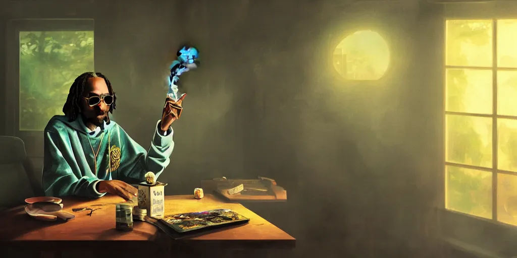 Prompt: breathtaking detailed concept art painting of snoop dogg smoking weed in a cannabis paradise, by hsiao - ron cheng, exquisite detail, extremely moody lighting, 8 k