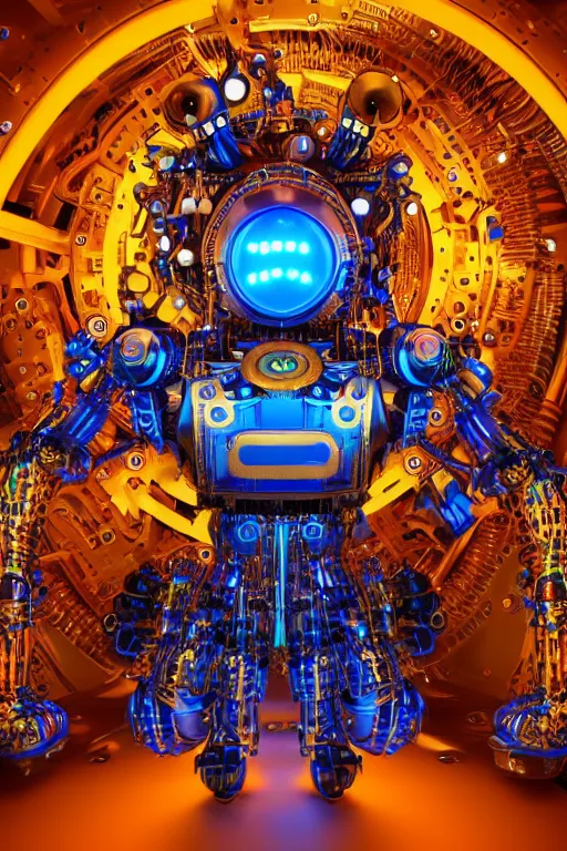 Prompt: portrait photo of a giant huge golden and blue metal steampunk robothead covered with multicolored machine parts and gears and tubes, eyes are glowing red lightbulbs, shiny crisp finish, 3 d render, 8 k, insaneley detailed, fluorescent colors, background is multicolored lasershow