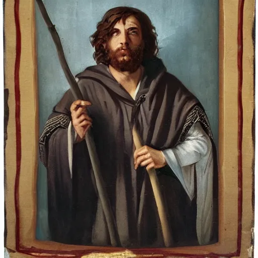 Image similar to professional close - up portrait of bohemian jewish prophet in his 2 0 s wearing a white hooded wizards robe and holding a staff. cinematic, epic framing, deep emotion