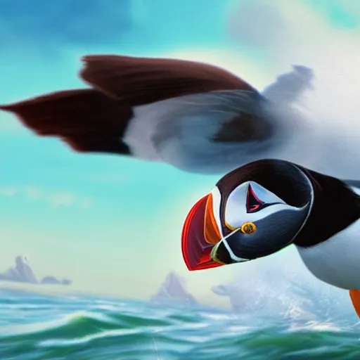 Image similar to puffin surfing, cinematic, cinematic lighting, trending on Artstation, Cgsociety, detailed, 4k, very realistic
