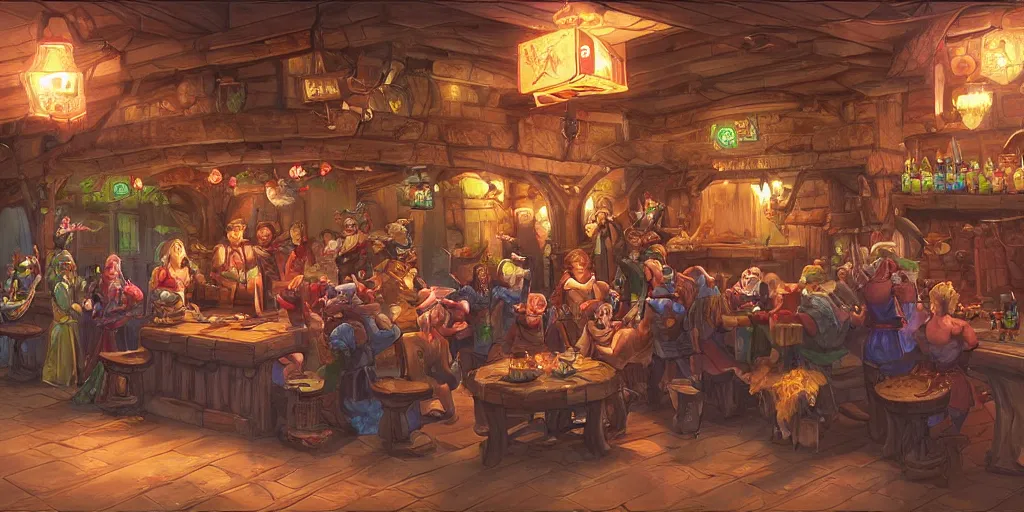 Prompt: A fantasy tavern by woo chul lee