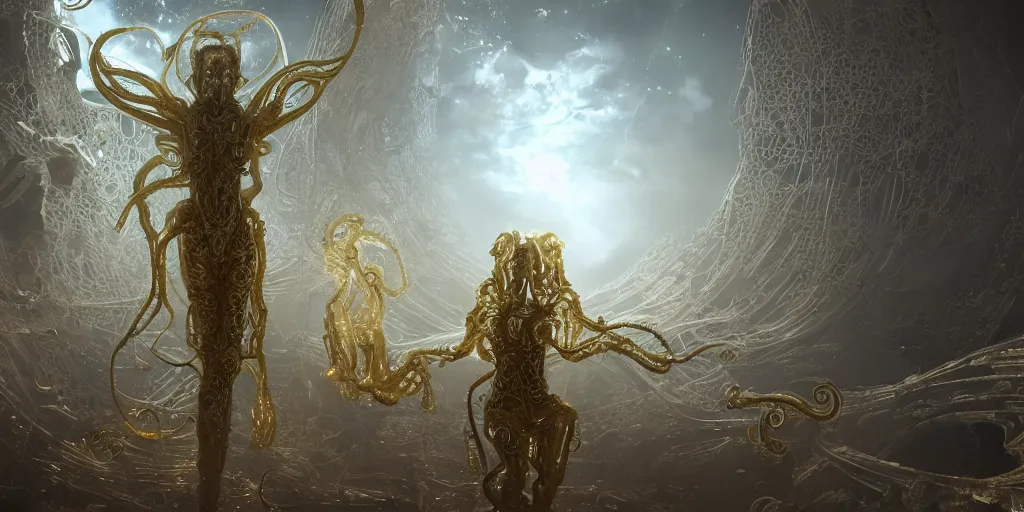 Prompt: a photo of 8k ultra realistic corrupted lovecraftian white and golden humanoid queen standing next to a spaceship window overlooking earth, 8 intricate white and gold tentacles, ornate white and gold armour, cinematic lighting, trending on artstation, 4k, hyperrealistic, focused, extreme details, unreal engine 5, cinematic, masterpiece