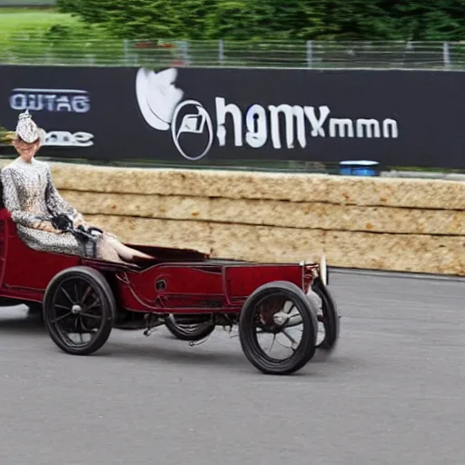 Image similar to lady catherine de bourgh drives her barouche box on the formula 1 circuit of le mans. cinematic, technicolor, highly intricate