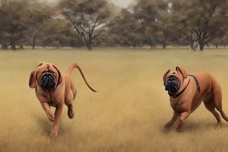 Prompt: a cinematic portrait of a boerboel, chasing kangaroos in a field, movie still, shallow depth of field, muted colors, by krenz cushart