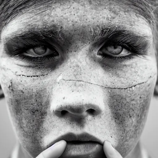 Image similar to minimalist photography portrait of a neanderthal woman, symmetrical, super close up, facial scar, mid thirties, freckles, cute round slanted eyes, sunburn, wide nostrils, high cheekbones, high flat eyebrows, ethereal essence, angelic, leica 1 0 0 mm f 0. 8