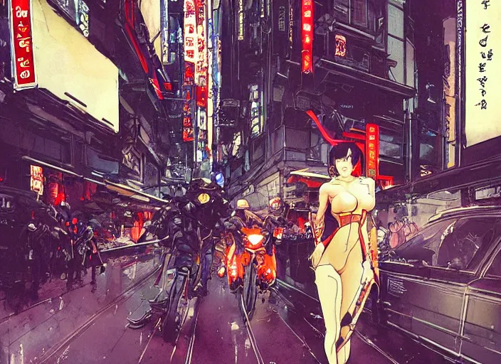 Image similar to lee jin - eun exiting kyoto gion from in cyberpunk theme by peter andrew jones and conrad roset, rule of thirds, seductive look, beautiful