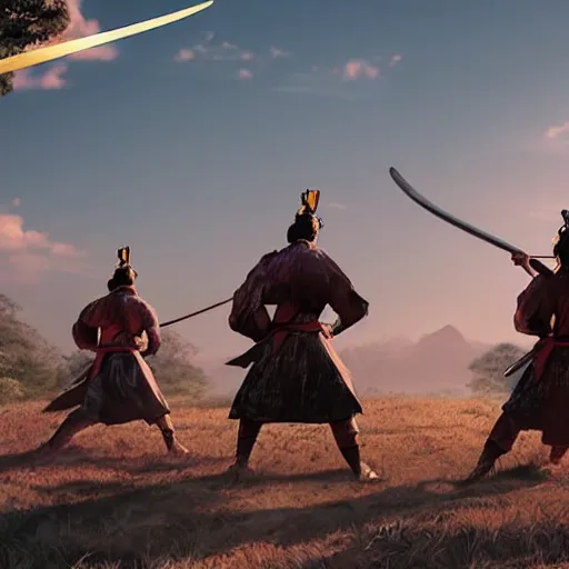 Image similar to “high quality photorealistic concept art of samurai wars in landscape , cinematic angle, golden hour, horizon, super detail, octane render”