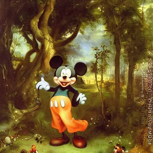 Prompt: mickey mouse entering the garden of eden, oil painting by jan matejko, masterpiece