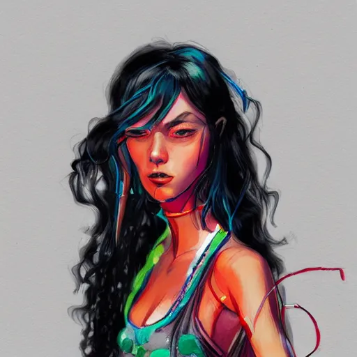 Image similar to stylized portrait of woman with long black frizzy hair wielding a neon katana by Dustin Nguyen, artstation, professionally illustrated