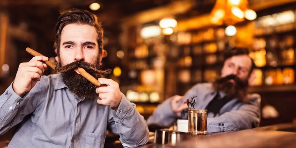 Image similar to a boy with a beard and mustache smoking a cigar in a bar