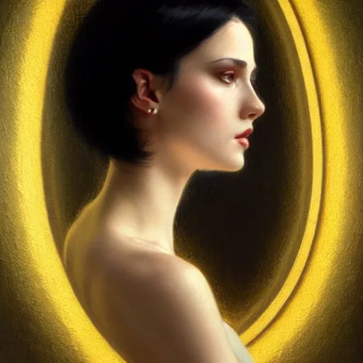 Prompt: Portrait of a beautiful pale skin Eastern European female with short black hair, dark eyes, elegant clothing, photorealistic, highly detailed, artstation, smooth, sharp focus, gold ornaments, neon lighting, sci-fi, art by Klimt, artgerm, Greg Rutkowski and Alphonse Mucha