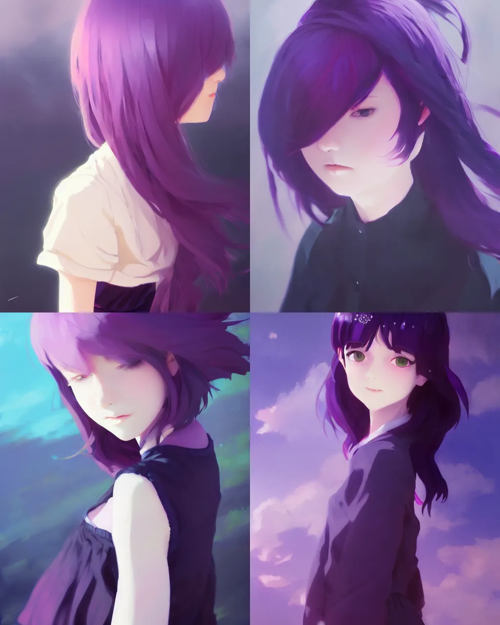 Prompt: girl with purple hair and black skirt, a beautiful portrait, top lighting, perfect shadow, soft painting, art by hidari and makoto shinkai and wenjun lin