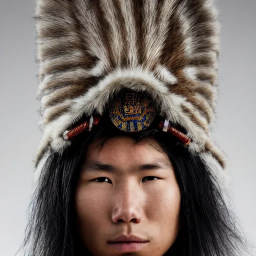 Prompt: a portrait of a beautiful young inuit male wearing an alexander mcqueen armor , photographed by andrew thomas huang, artistic