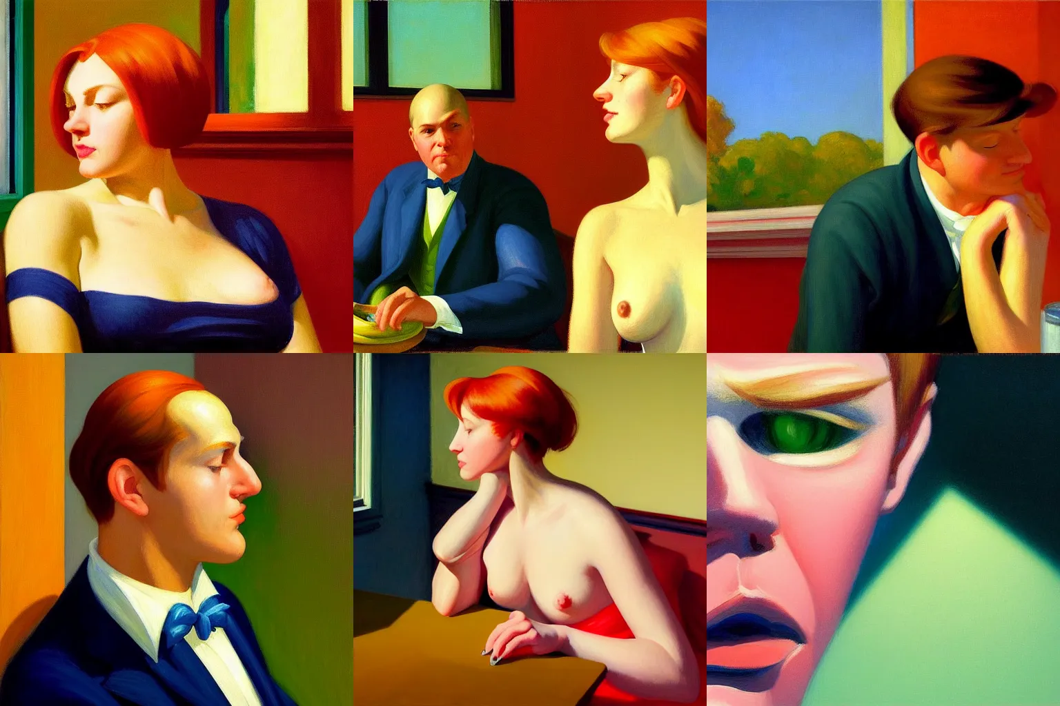 Prompt: A beautiful close-up of a middle aged male self absorbed auburn head entrepreneur suggesting intimacy without elaborating further, digital art by Edward Hopper, vibrant color scheme, highly detailed, in the style of romanticism, fine Art, high detail, great lighting, 8k resolution, masterpiece, concept art, illustration, clear eyes, soft lighting, soft details, painting oil on canvas, octane render, HDR, trending on artstation, 4k, 8k, HD