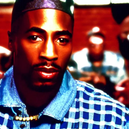 Image similar to a film still from menace to society. starring tupac shakur