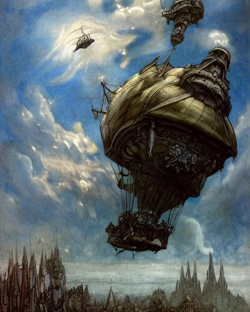 Image similar to Fantasy village, view of the sky above. The sky is completely covered to the horizon by an incredibly huge airship-like ship. The ship flies among the clouds. Dark colors, extremely high detail, realistic, dark fantasy art, masterpiece, 8k, octane rendering, Arthur Rackham painting, art by Victoria Frances, Frank Frazetta.