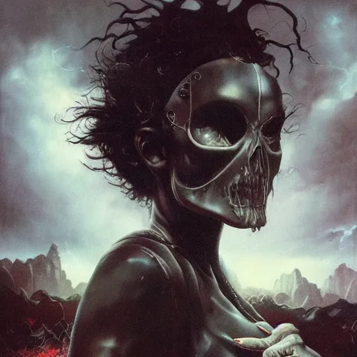 Prompt: ultra realistic portrait painting of a heavy metal album cover with a goth girl and lightning, art by frank frazetta, vintage levi ’ s ad, stormy weather, dark vibes, 4 k, ultra realistic, highly detailed, epic lighting