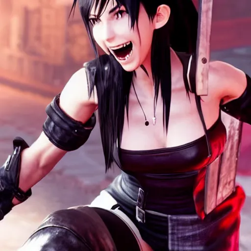 Image similar to Tifa Lockhart from Final Fantasy VII Remake (2020) laughing in Italy