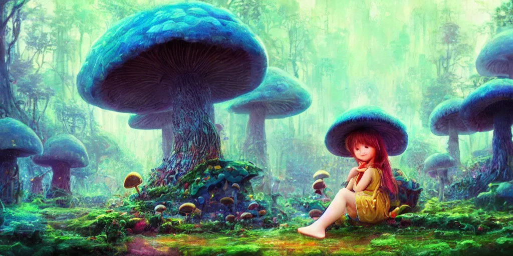 Image similar to ”young girl sitting by a mushroom and playing a flute, giant mushroom houses in a mysterious fantasy forest, [bioluminescense, rope bridges, art by wlop and paul lehr, cinematic, colorful]”