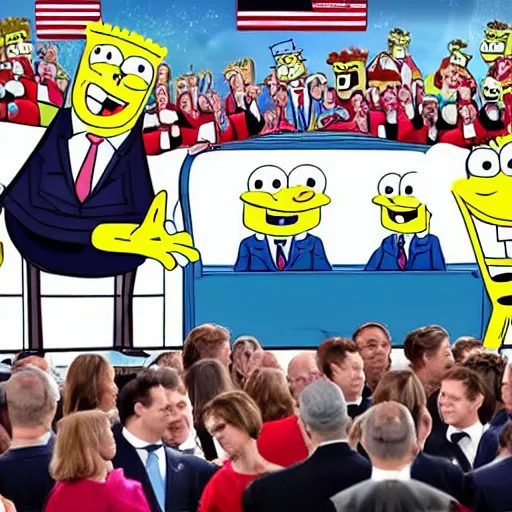 Image similar to spongebob in real life becoming president of the united states, hyper realistic,