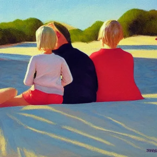 Image similar to a nine year old blonde girl and her two parents sit on a blanket at the beach and watch through sun go down in the style of Edward hopper