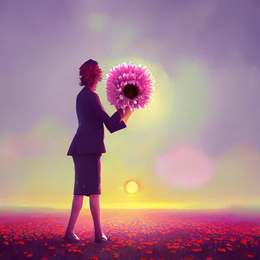 Image similar to enlarged daisy flower head, frontal, girl in a suit, surreal photography, sunrise, dramatic light, impressionist painting, digital painting, artstation, simon stalenhag