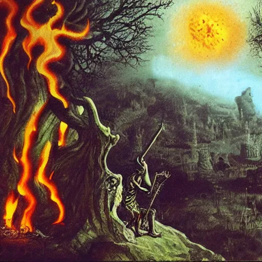 Image similar to beelzebub next to an oak tree aflame, still, fog in background, dantes inferno, evil album cover