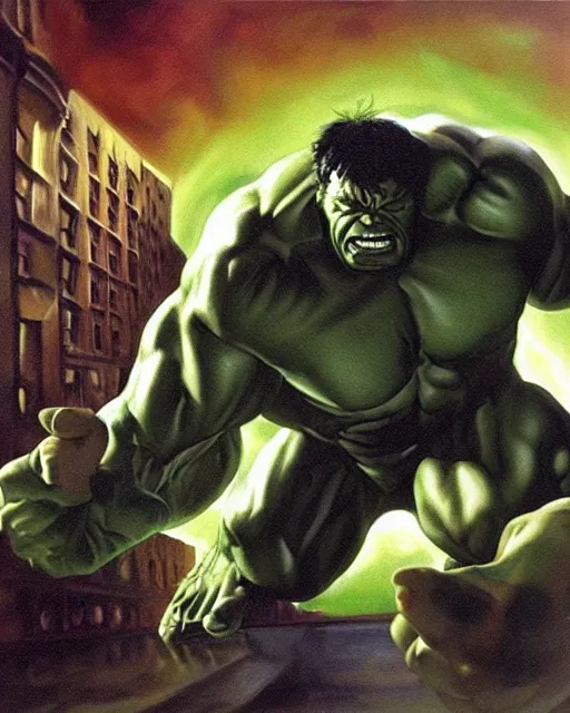 Image similar to a moody oil painting of the incredible hulk looking angry at noon in a city by alex ross.