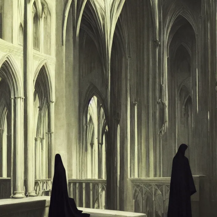 Image similar to woman in black robes, back to us, in magnificent cathedral like structure that sell fruit, artstation, art by edward hopper, zdislav beksinski, wayne barlowe, edward hopper