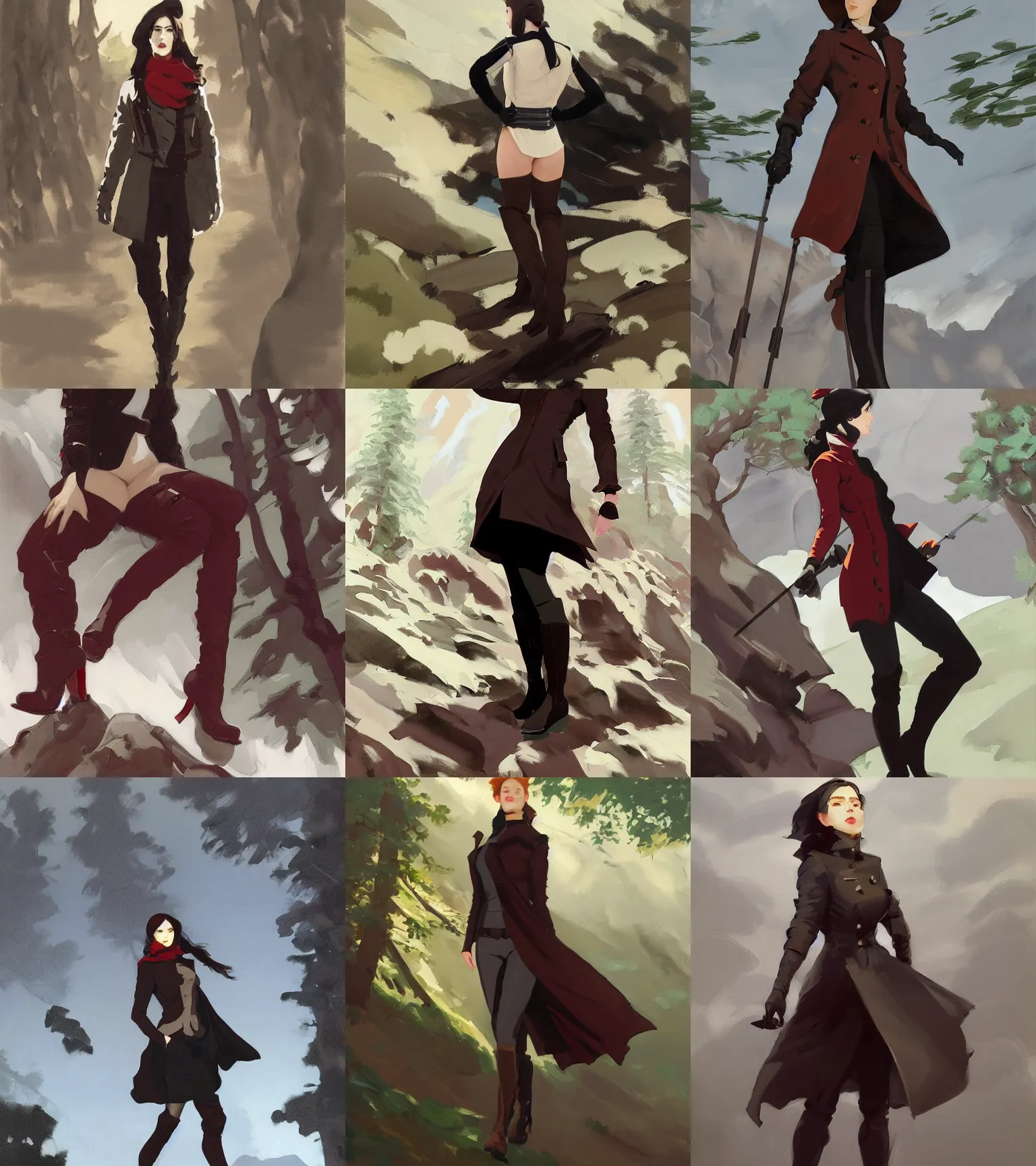 Prompt: black red brown white cloth fabric jodhpurs knee high boots travel coat fashion, solo hiking in mountains trees, greg manchess painting by sargent and leyendecker, studio ghibli, fantasy, asymmetrical, intricate, elegant, matte painting, illustration, hearthstone, by greg rutkowski, by greg tocchini, by james gilleard, by joe fenton
