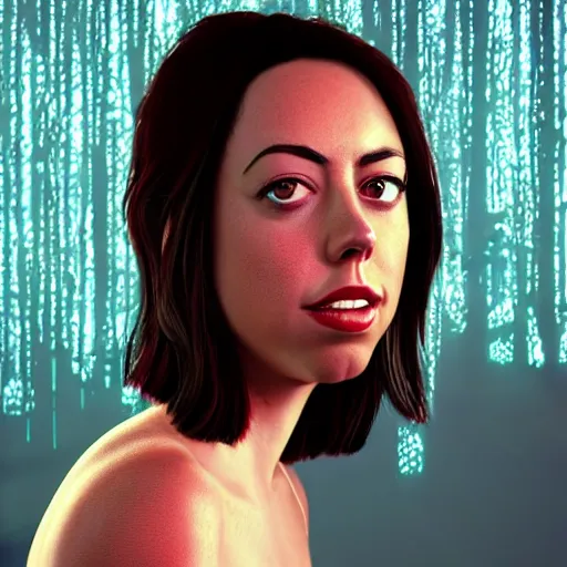 Prompt: aubrey plaza, cartoon portrait made out of rain, realistic, highly detailed, neon, rendered in octane, unreal engine, rain, beautiful, trending on artstation, emotional