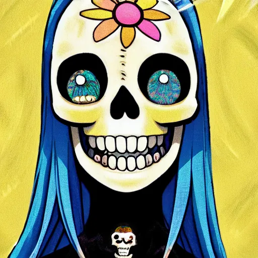 Prompt: manga fine details portrait of joyful skull girl skeleton, bokeh. anime masterpiece by Studio Ghibli. 8k render, sharp high quality anime illustration in style of Takashi Murakami, artstation