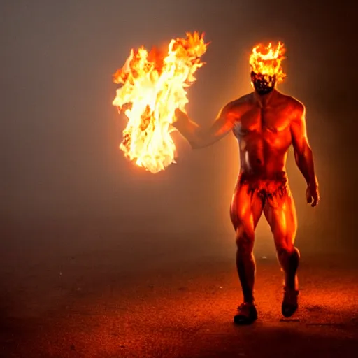 Image similar to a muscular man walking through flames. His skin is charcoal. His eyes are coals. His bones are exposed