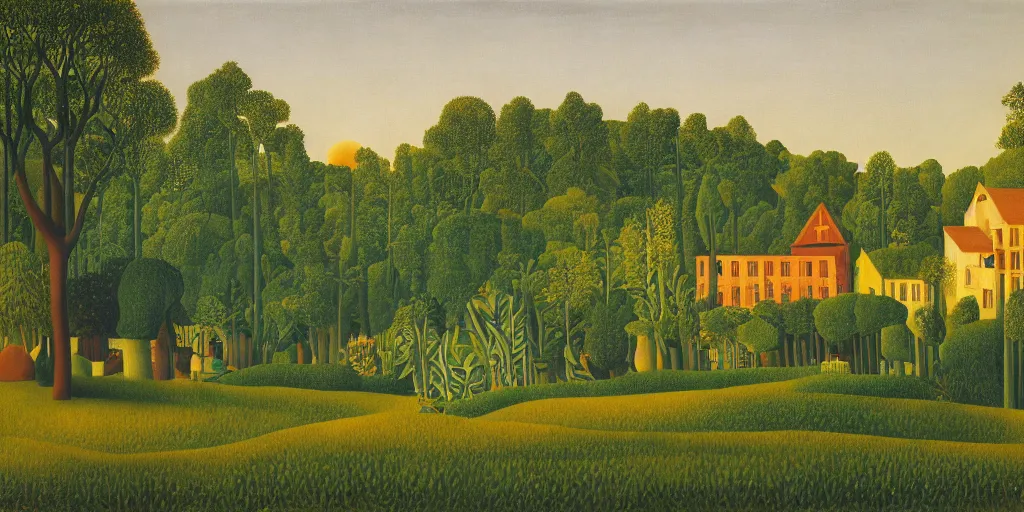 Image similar to a beautiful painting of Woodstock Georgia by Henri Rousseau, golden hour, 8k, 4k