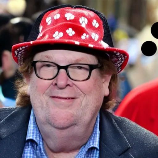 Image similar to Michael moore wearing a mickey mouse hat, tons of disney pins on his vest