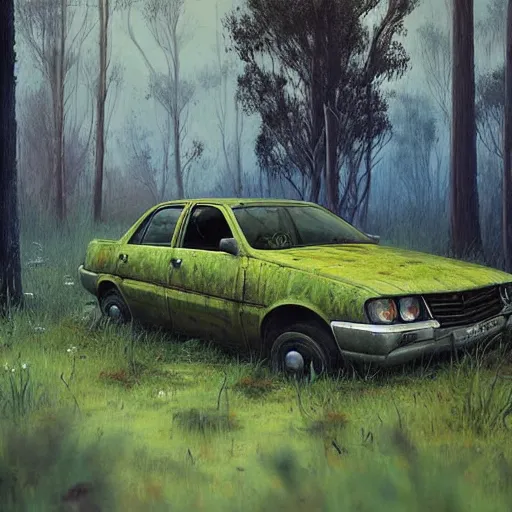 Prompt: hyper realistic painting of an australian landscape, an abandoned holden commodore covered with moss. by Simon Stålenhag