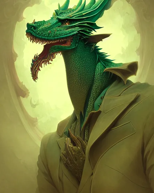 Prompt: anthropomorphic art of a detective dragon, green dragon, portrait, victorian inspired clothing by artgerm, victo ngai, ryohei hase, artstation. fractal papersand books. highly detailed digital painting, smooth, global illumination, fantasy art by greg rutkowsky, karl spitzweg