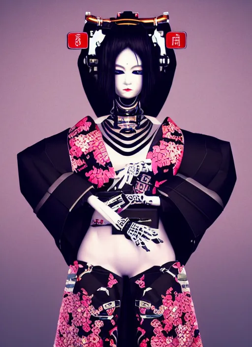 Image similar to full body portrait of a gothic style japanese robot geisha with kanji tattoos and decals wearing a digital pixelated kimono, intricate design, photo - realistic, octane render, dark colour palette, ultra fine detailed, character design, trending on artstation