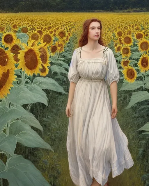 Image similar to a girl slowly in really long dress walking through amazing tall sunflower field, hair flowing, early morning lightning, bad weather approaching, oil on canvas, artstation, by j. c. leyendecker and edmund blair leighton and charlie bowater, octane, very aesthetic!!!!!!!!!!!!!!!