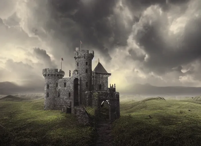 Image similar to Castle, landscape, stormy night, backlit, ominous landscape, magical spell, haze, photoreal, Vray, render, high detail, hyper-realism