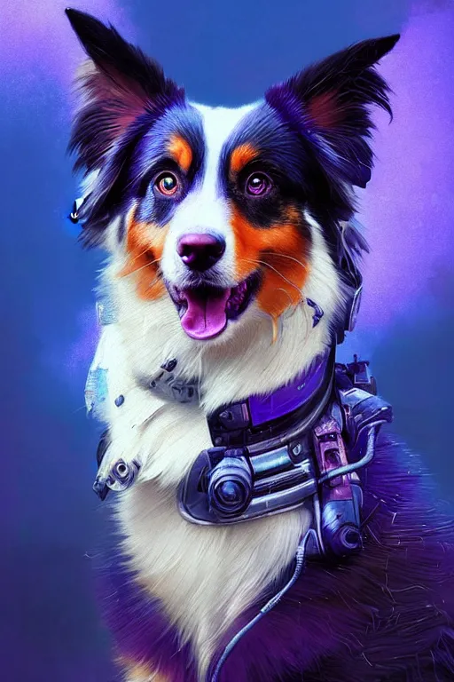 Image similar to a beautiful portrait of a cute cyberpunk australian shepard by greg rutkowski and wlop and sandra chevrier, purple blue color scheme, high key lighting, volumetric light, digital art, highly detailed, fine detail, intricate, ornate, complex, octane render, unreal engine, photorealistic