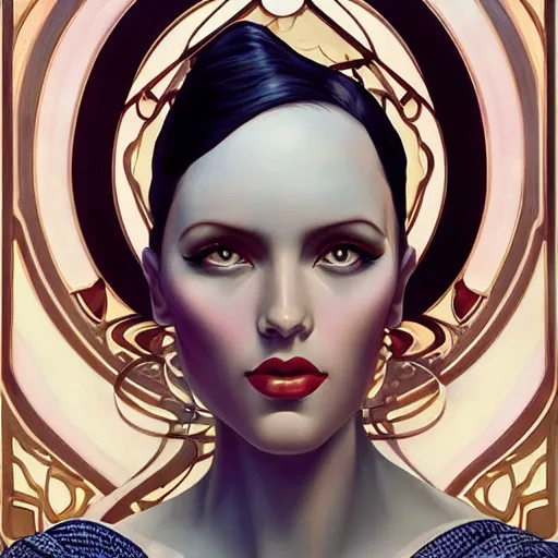 Image similar to an art nouveau, ( streamline moderne ), multi - racial portrait in the style of anna dittmann and donato giancola and chanthara. very large, clear, expressive, and intelligent eyes. centered, ultrasharp focus, dramatic lighting, photorealistic digital matte painting, intricate symmetrical ultra detailed background.